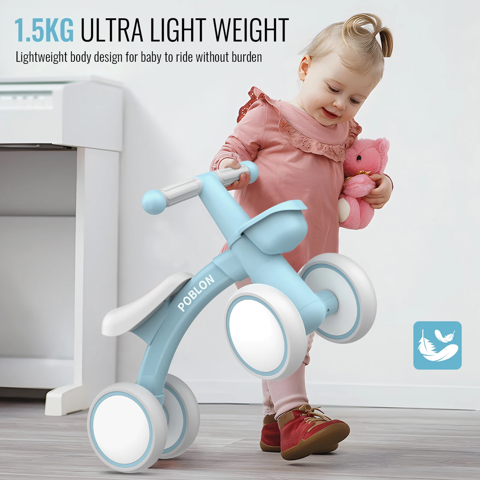Baby Walkers, Poblon Unpedaled Baby Balance Bike for Children from 1 to 2 Years Old 12-24 Months 4 Wheels Bicycle with Basket - Image 2