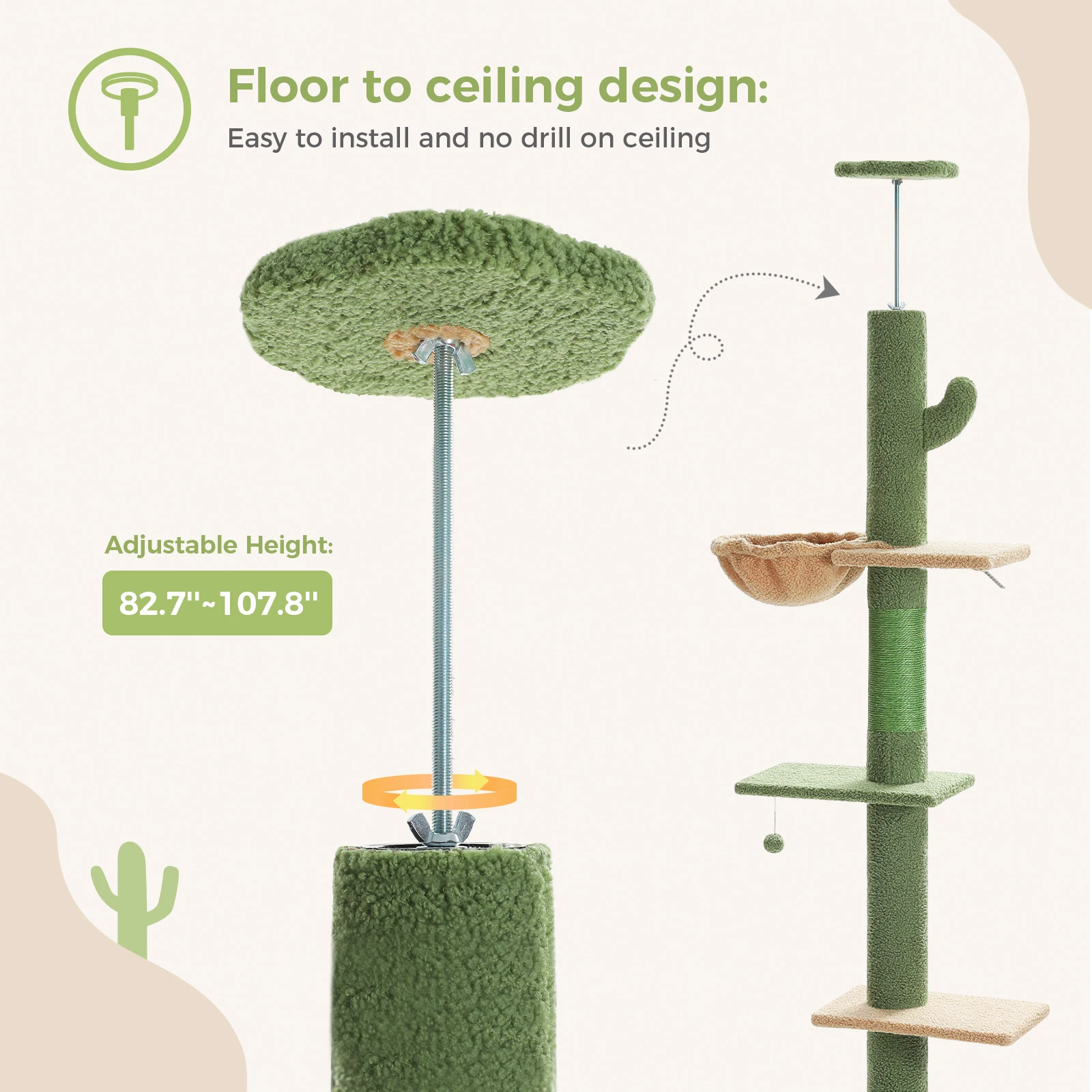 Cactus Cat Tree Floor to Ceiling Cat Tower with Sisal Scratching Post,Comfortable Hammock for Multi-Cat Homes,Cat Accessories - Image 17