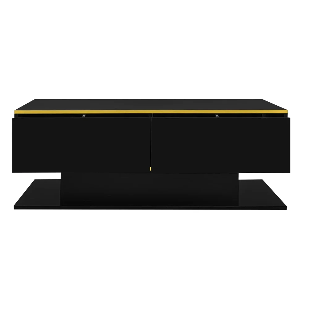 Modern LED Coffee Table with High Gloss Surface, Gold Decoration, Drawers and A Compartment with Color Changing LED Light Strip - Image 36