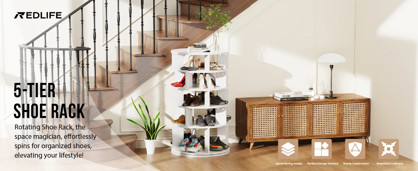 Redlife 5 Tier Rotating Shoe Rack Tower, Hold Over 24 Pairs of Shoes 360° Revolving Shoe Storage Organizer for Closet & Entryway - Image 9