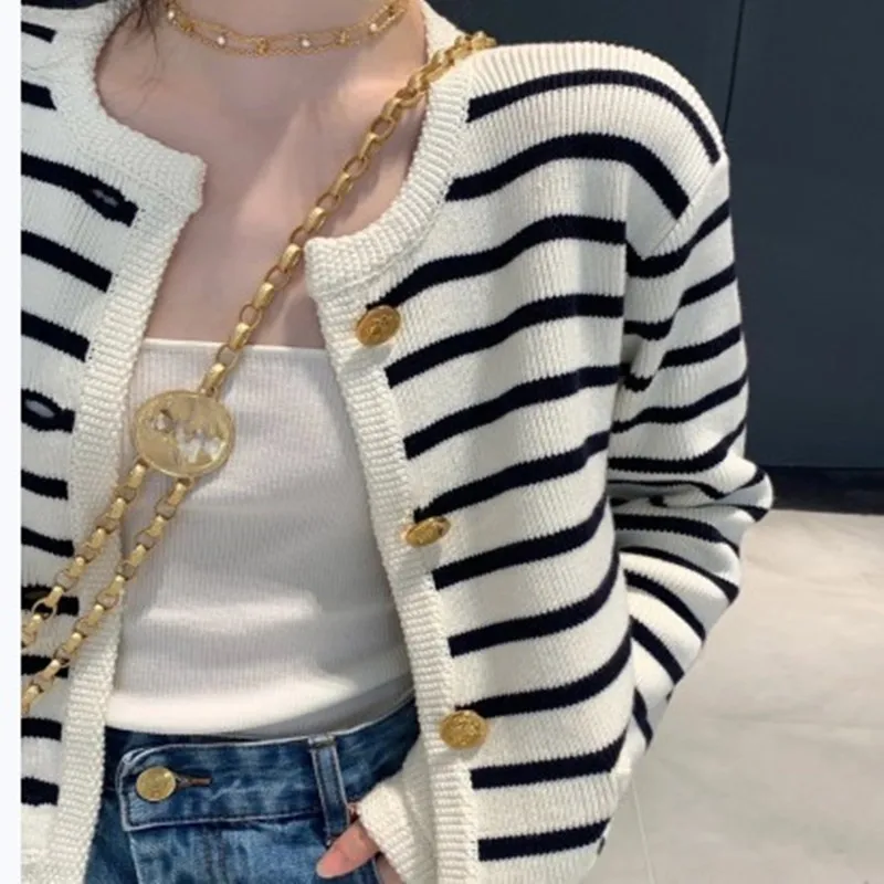 Women Stripe Knitted Cardigans Spring Autumn O-neck Single Breasted Long Sleeve Crop Tops Fashion Casual Chic Female Sweaters - Image 8