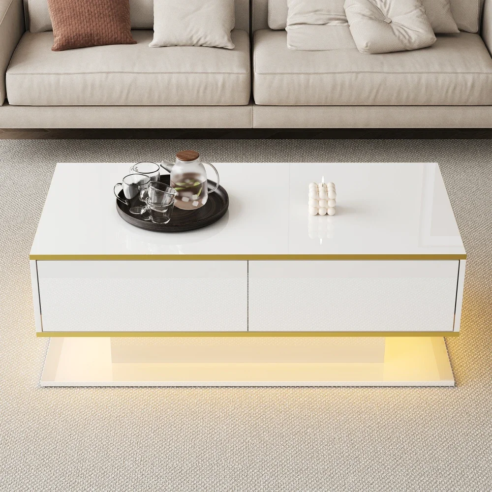 Modern LED Coffee Table with High Gloss Surface, Gold Decoration, Drawers and A Compartment with Color Changing LED Light Strip - Image 18