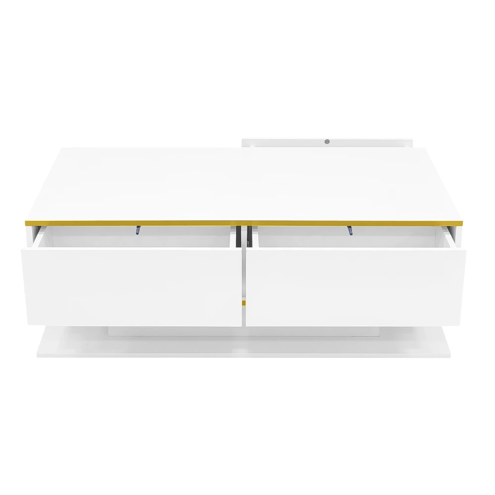 Modern LED Coffee Table with High Gloss Surface, Gold Decoration, Drawers and A Compartment with Color Changing LED Light Strip - Image 28