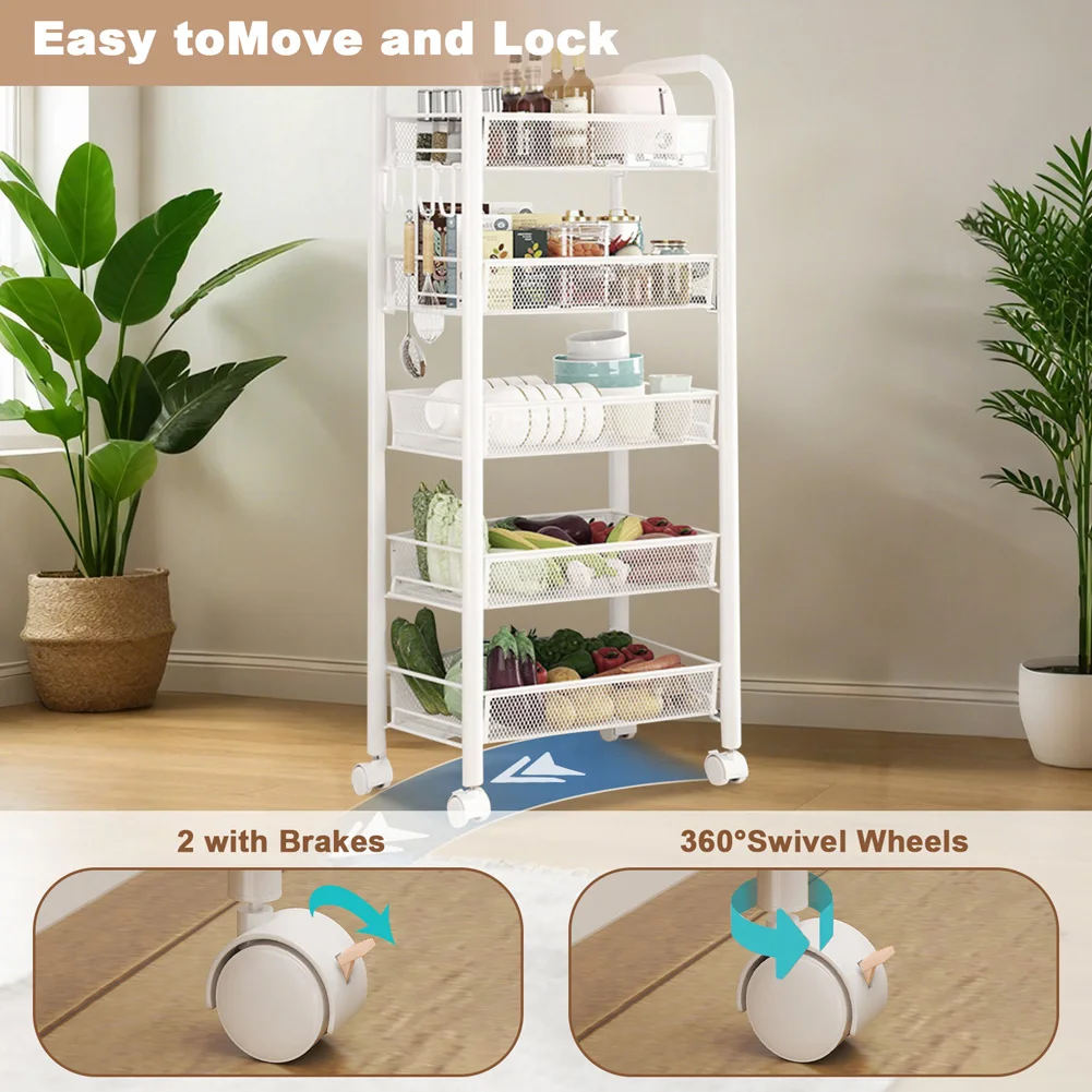 5-Tier Movable Trolley Storage Rack Metal Kitchen Rack Household Floor-Standing Multi-Layer Storage Rack Vegetable Basket - Image 3