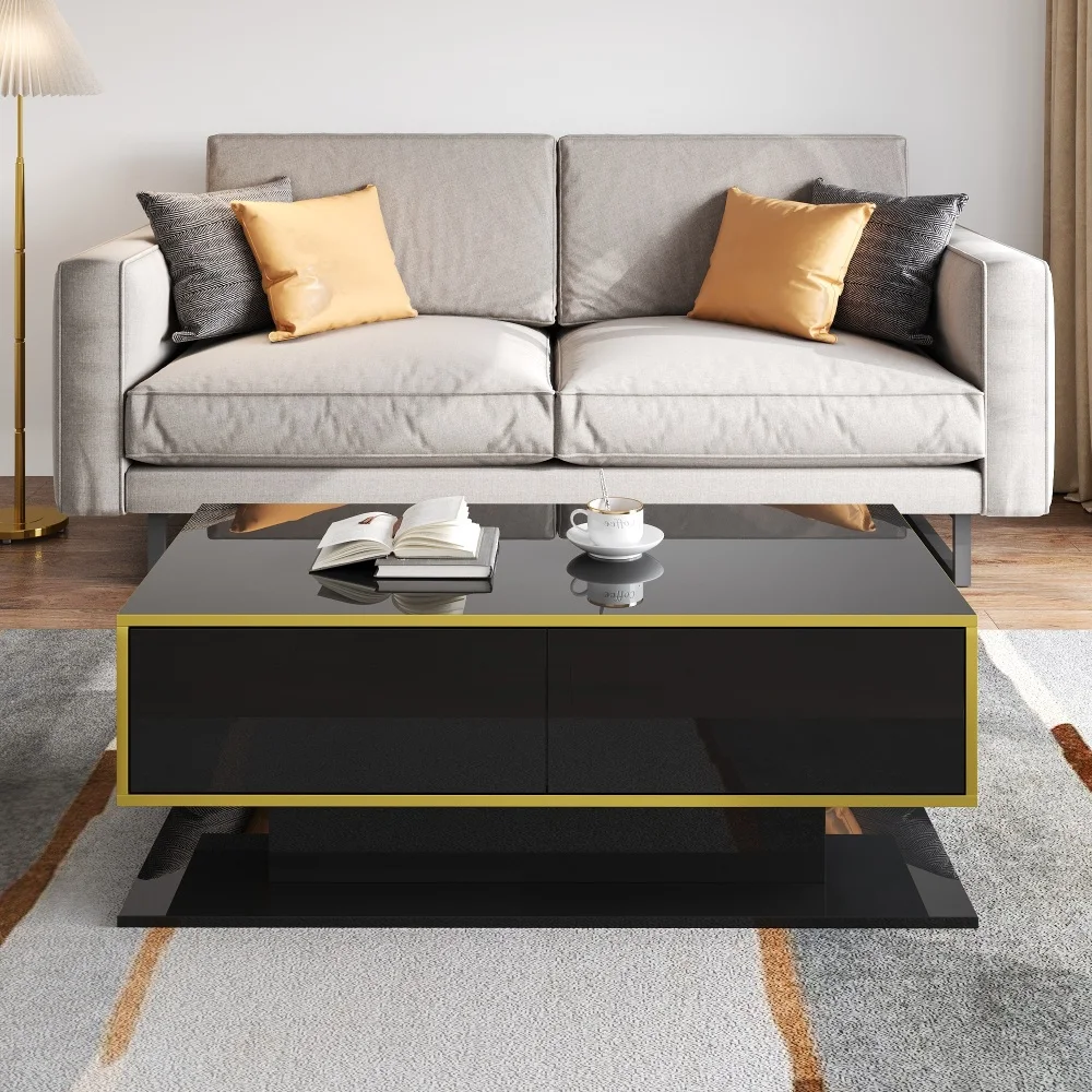 Modern LED Coffee Table with High Gloss Surface, Gold Decoration, Drawers and A Compartment with Color Changing LED Light Strip - Image 47