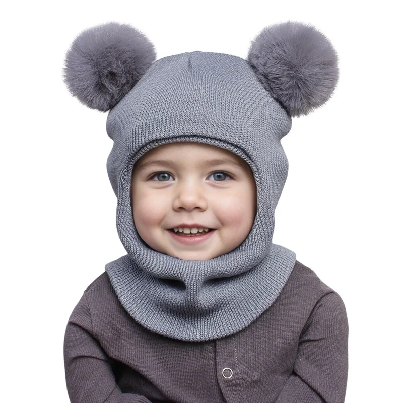 One-Piece Baby Hat Scarf for Boys Cute Pompom Kids Knitted Beanie Winter Infant Girls Cap Ears Neck Warm Protection Bonnet 1-5Y - Image 11