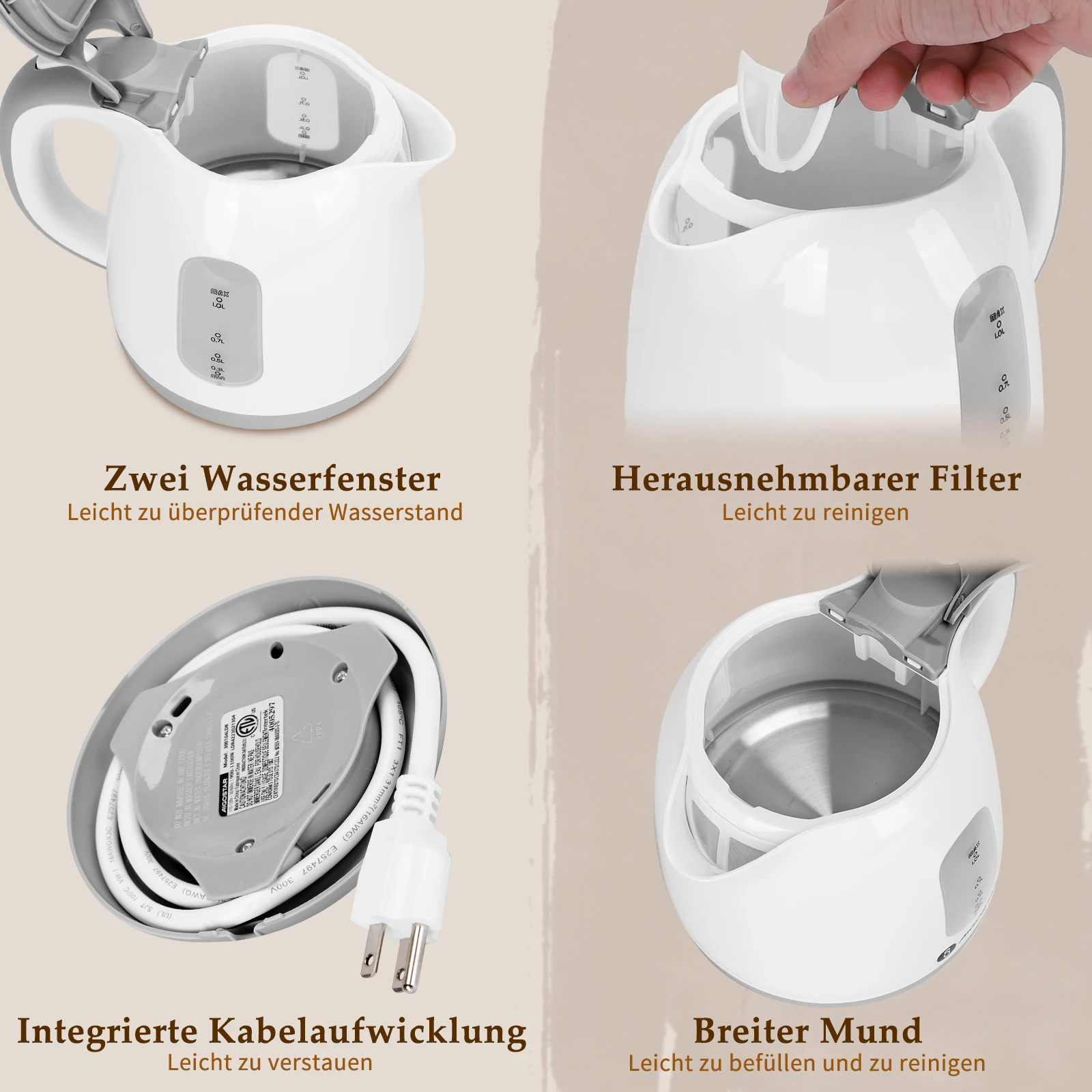 Aigostar Juliet - 1 Litre Compact Kettle, 1100W, Small Kettle, Dual Water Level Indicator, Detachable Anti-Limescale Filter, 360 - Image 3