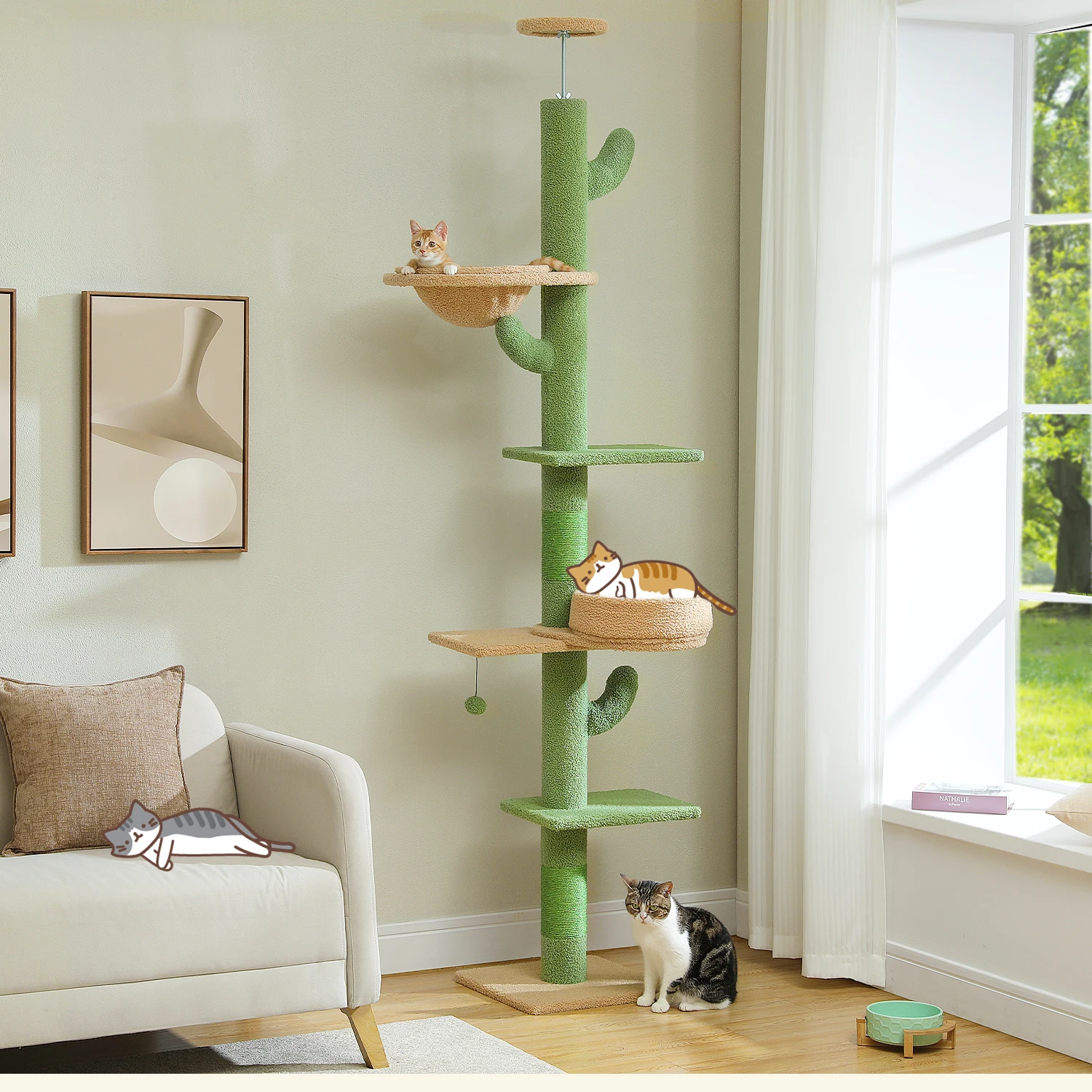 Cactus Cat Tree Floor to Ceiling Cat Tower with Sisal Scratching Post,Comfortable Hammock for Multi-Cat Homes,Cat Accessories - Image 3