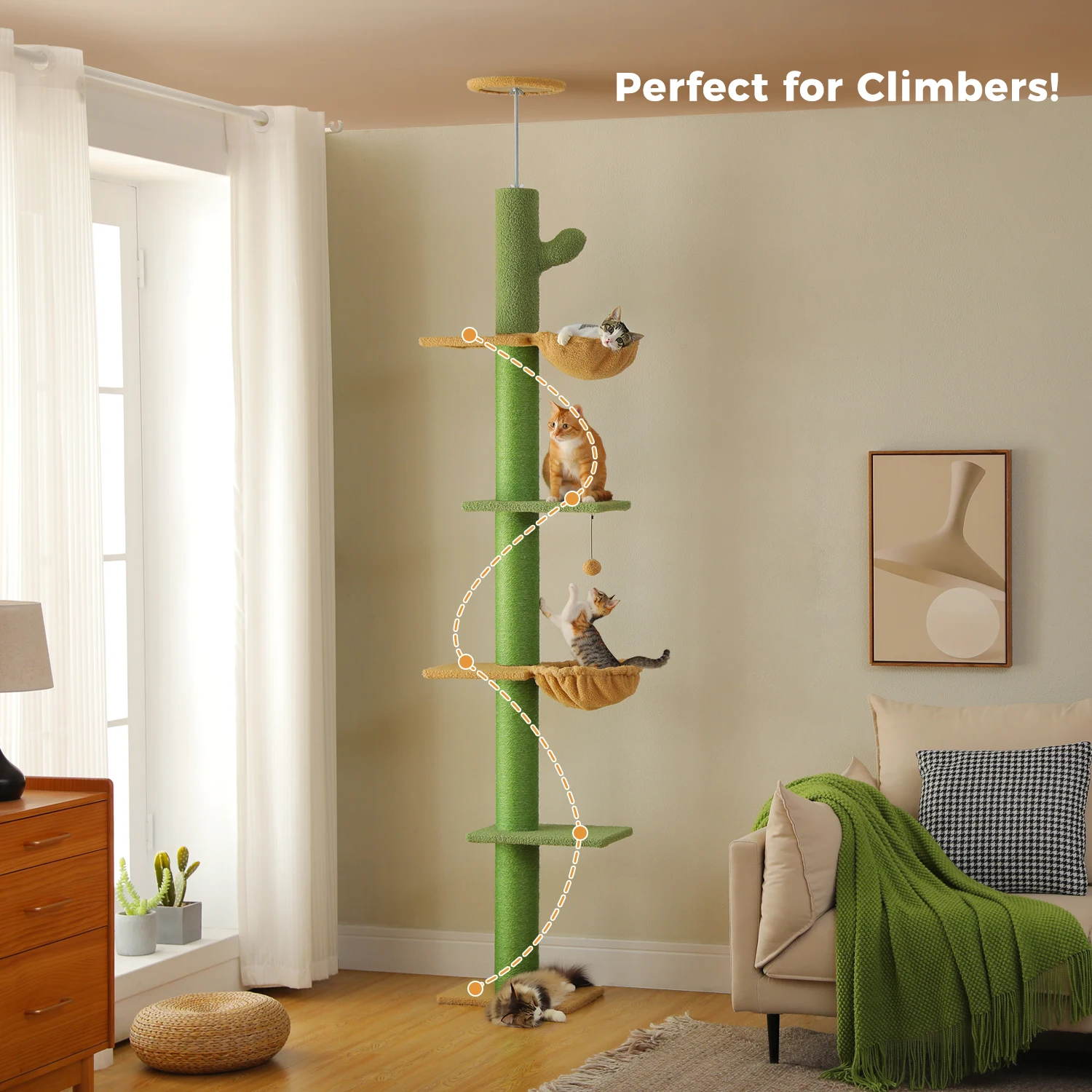Cactus Cat Tree Floor to Ceiling Cat Tower with Sisal Scratching Post,Comfortable Hammock for Multi-Cat Homes,Cat Accessories - Image 45