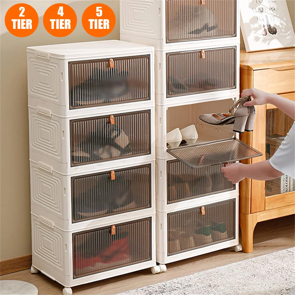 2/4/5 Tier Foldable Storage Box with Lid Collapsible Storage Shoes Rack Organizers Household Organizer Box with Wheels - Image 2