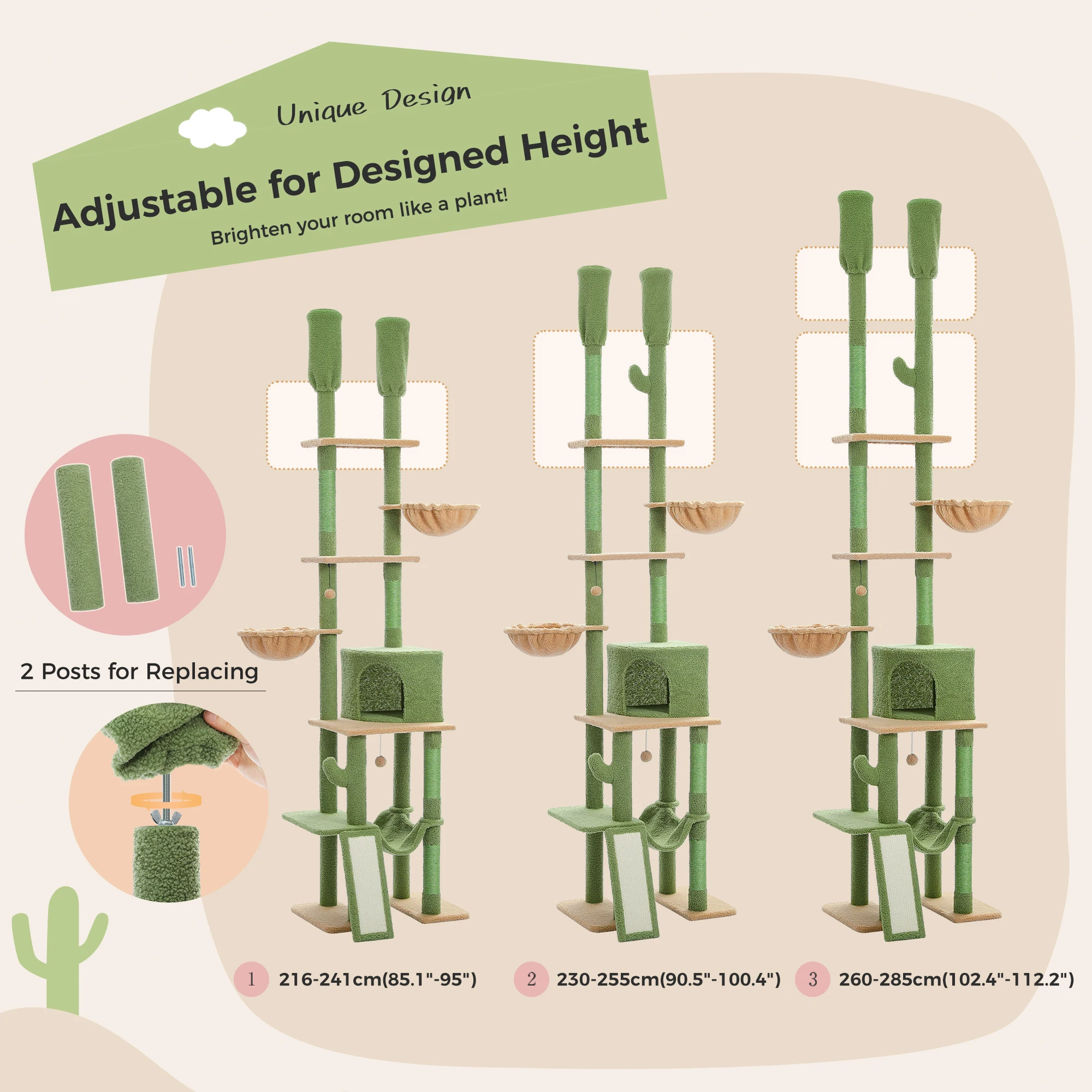 Cactus Cat Tree Floor to Ceiling Cat Tower with Sisal Scratching Post,Comfortable Hammock for Multi-Cat Homes,Cat Accessories - Image 19