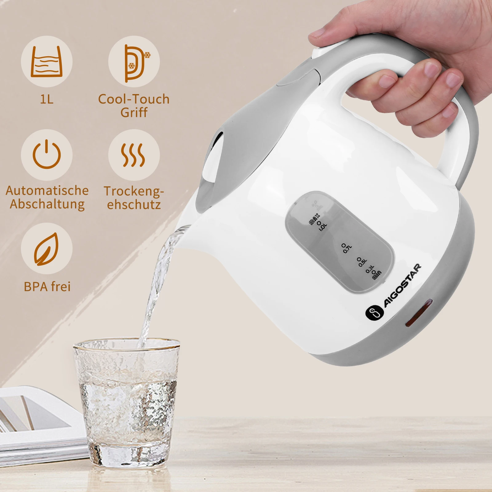 Aigostar Juliet - 1 Litre Compact Kettle, 1100W, Small Kettle, Dual Water Level Indicator, Detachable Anti-Limescale Filter, 360 - Image 2