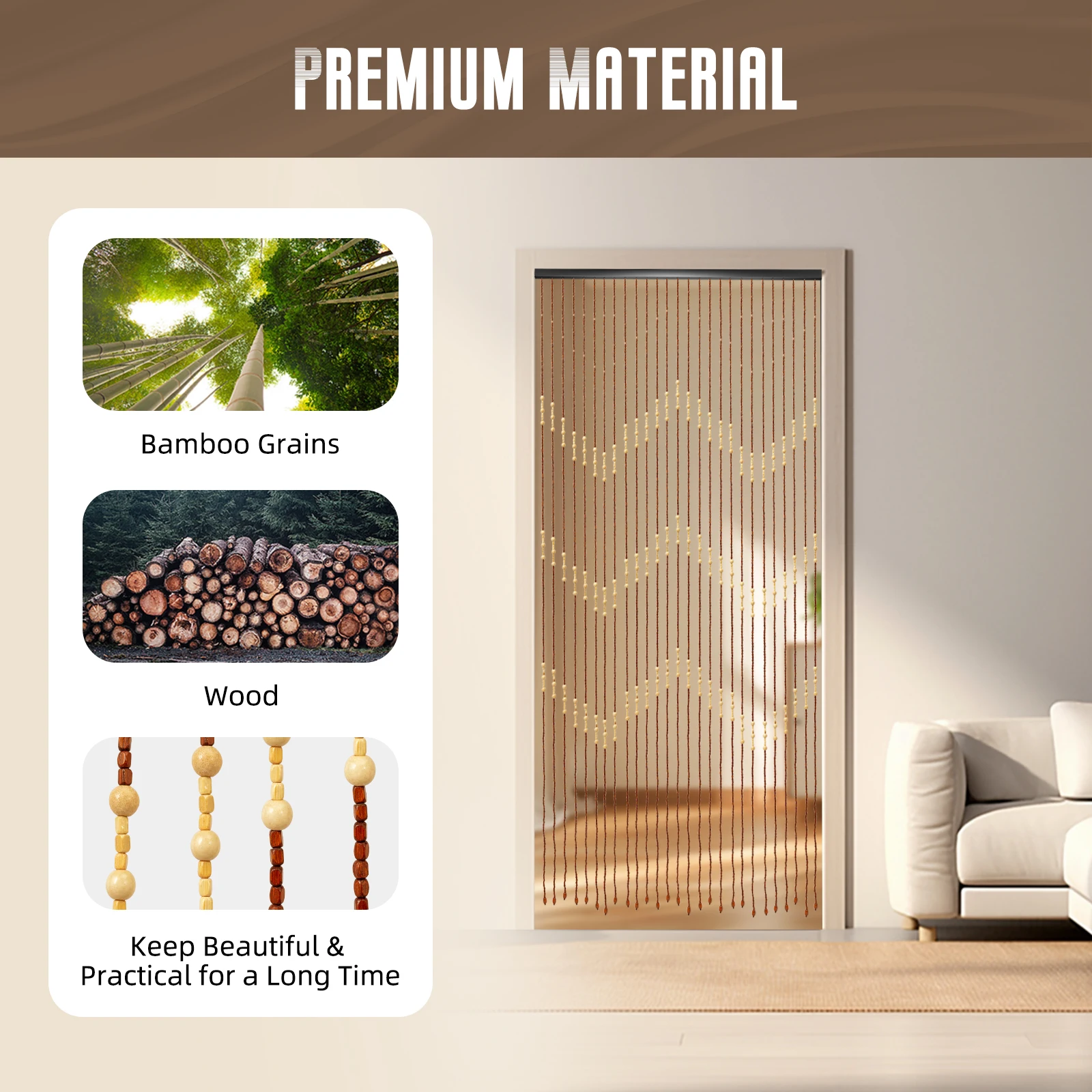 Wooden Bead Curtain 35.4*68.9IN Size 27 Lines Retro Design No-Punch Installation for Living Room Bedroom Door Window Decoration - Image 9