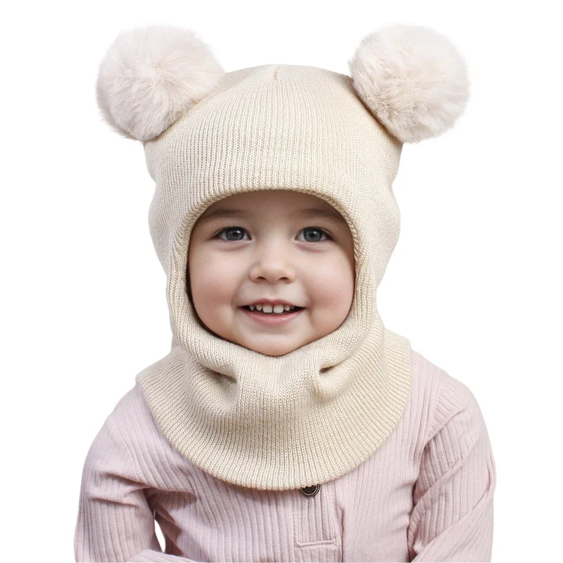 One-Piece Baby Hat Scarf for Boys Cute Pompom Kids Knitted Beanie Winter Infant Girls Cap Ears Neck Warm Protection Bonnet 1-5Y - Image 5