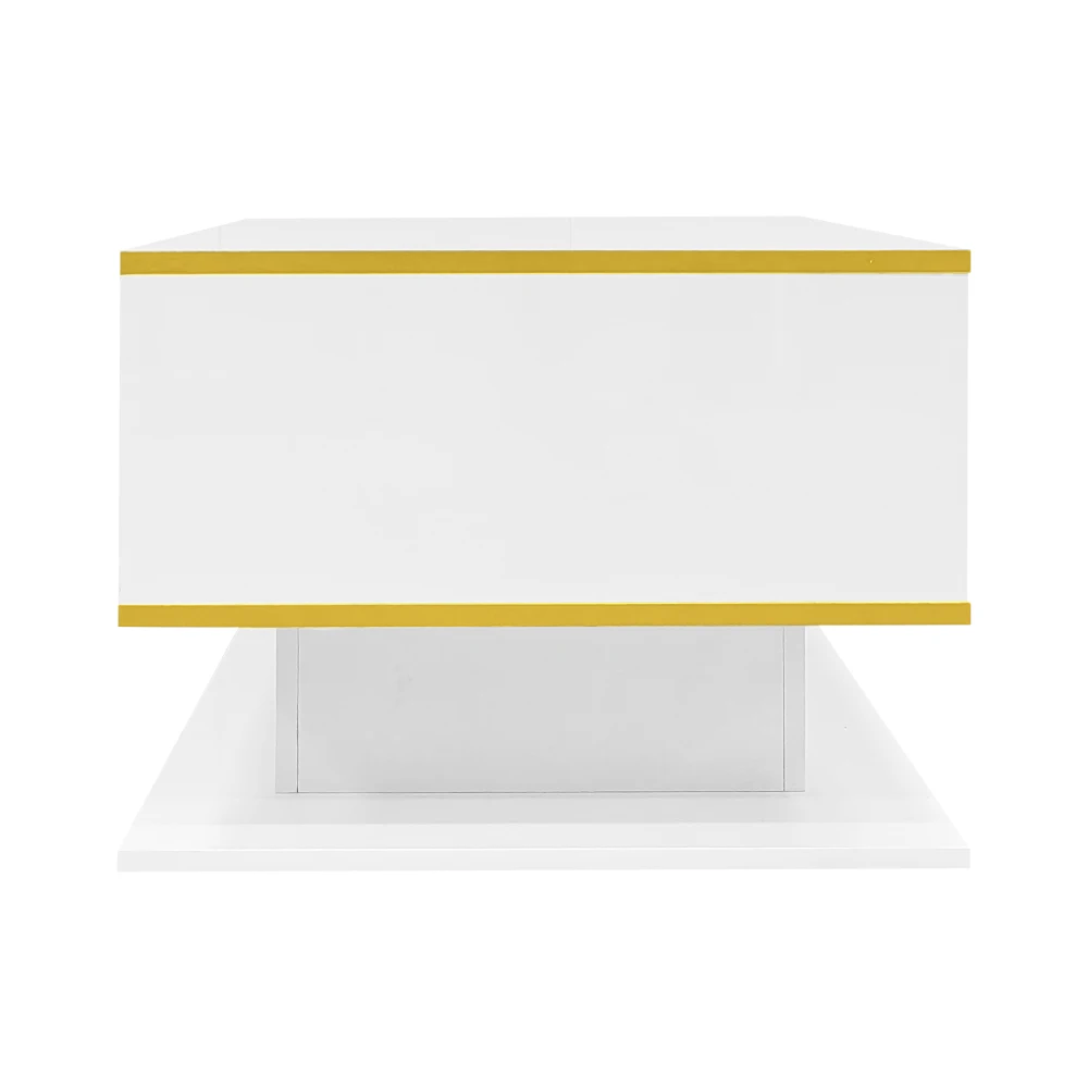 Modern LED Coffee Table with High Gloss Surface, Gold Decoration, Drawers and A Compartment with Color Changing LED Light Strip - Image 24