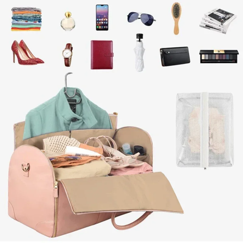 1pc Foldable Women's Travel Convenient Carry-on Clothing Bag Large PU Leather Duffel Bag Women's Business Travel Bag - Image 9