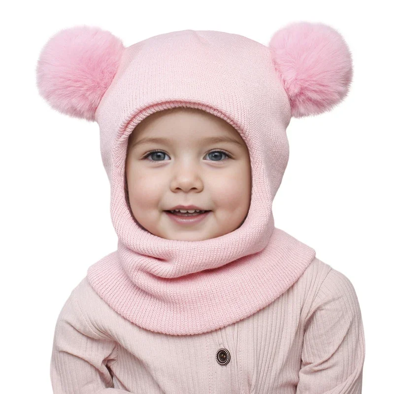 One-Piece Baby Hat Scarf for Boys Cute Pompom Kids Knitted Beanie Winter Infant Girls Cap Ears Neck Warm Protection Bonnet 1-5Y - Image 7