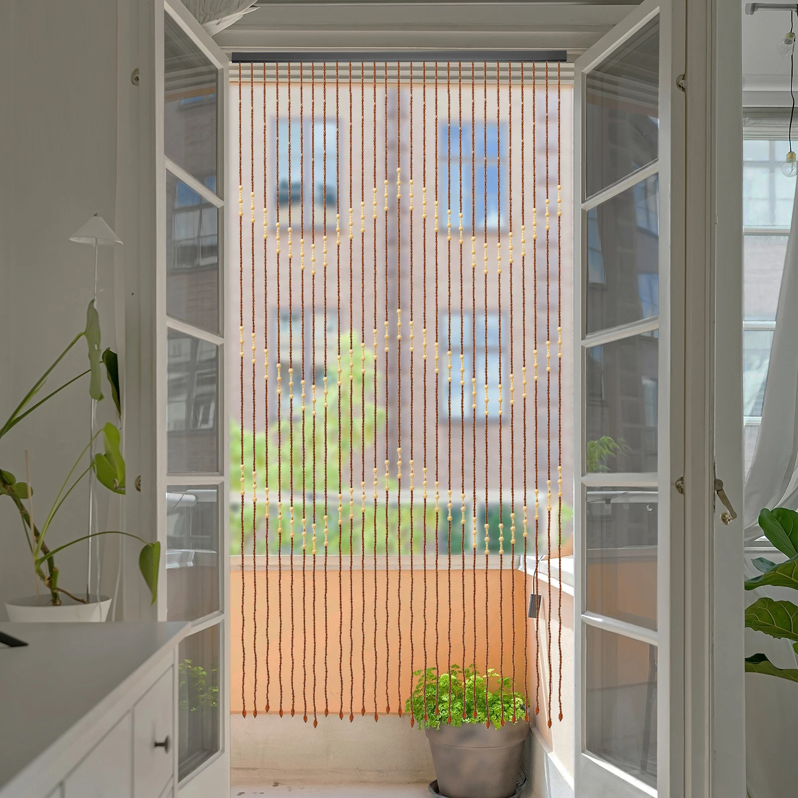 Wooden Bead Curtain 35.4*68.9IN Size 27 Lines Retro Design No-Punch Installation for Living Room Bedroom Door Window Decoration - Image 2