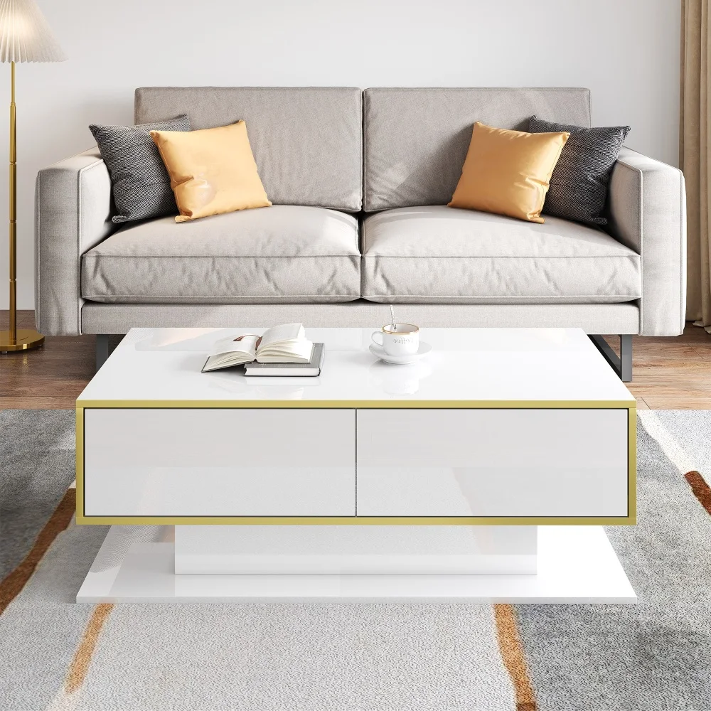 Modern LED Coffee Table with High Gloss Surface, Gold Decoration, Drawers and A Compartment with Color Changing LED Light Strip - Image 19