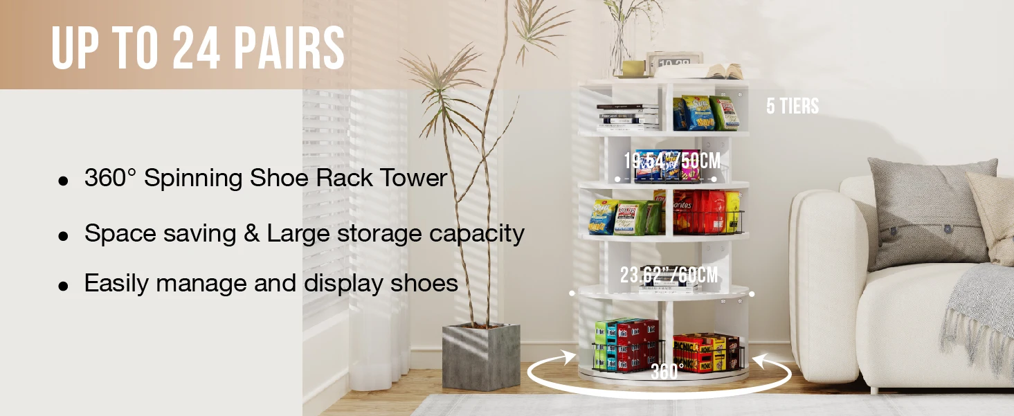 Redlife 5 Tier Rotating Shoe Rack Tower, Hold Over 24 Pairs of Shoes 360° Revolving Shoe Storage Organizer for Closet & Entryway - Image 10