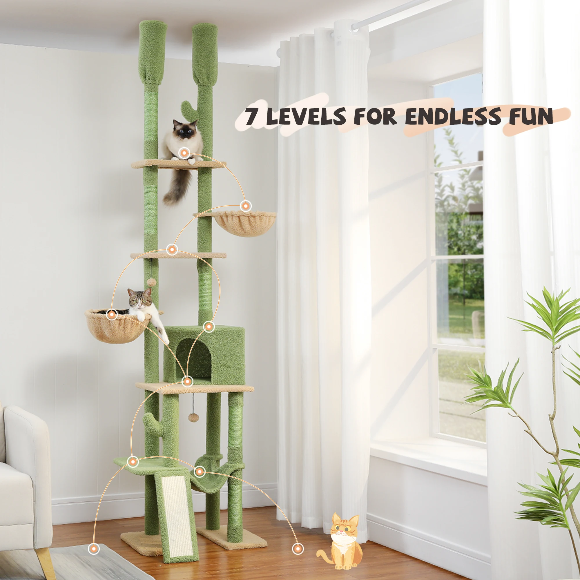 Cactus Cat Tree Floor to Ceiling Cat Tower with Sisal Scratching Post,Comfortable Hammock for Multi-Cat Homes,Cat Accessories - Image 20