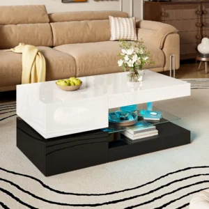 Modern coffee table with LED ambient lighting, app and Bluetooth control, glass shelf and high-gloss surface, black and white