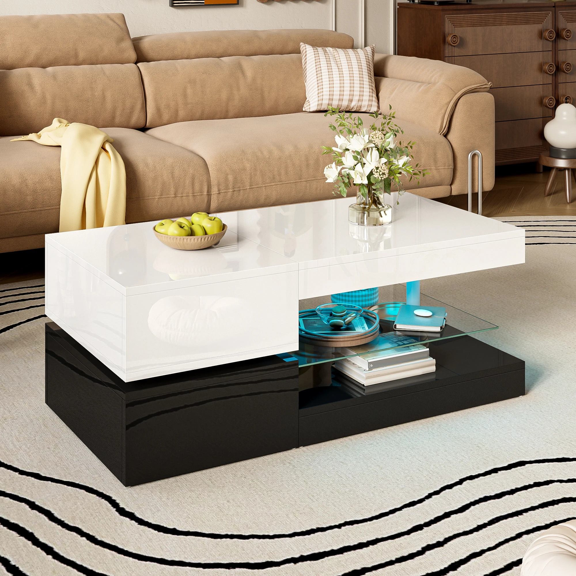 Modern coffee table with LED ambient lighting, app and Bluetooth control, glass shelf and high-gloss surface, black and white