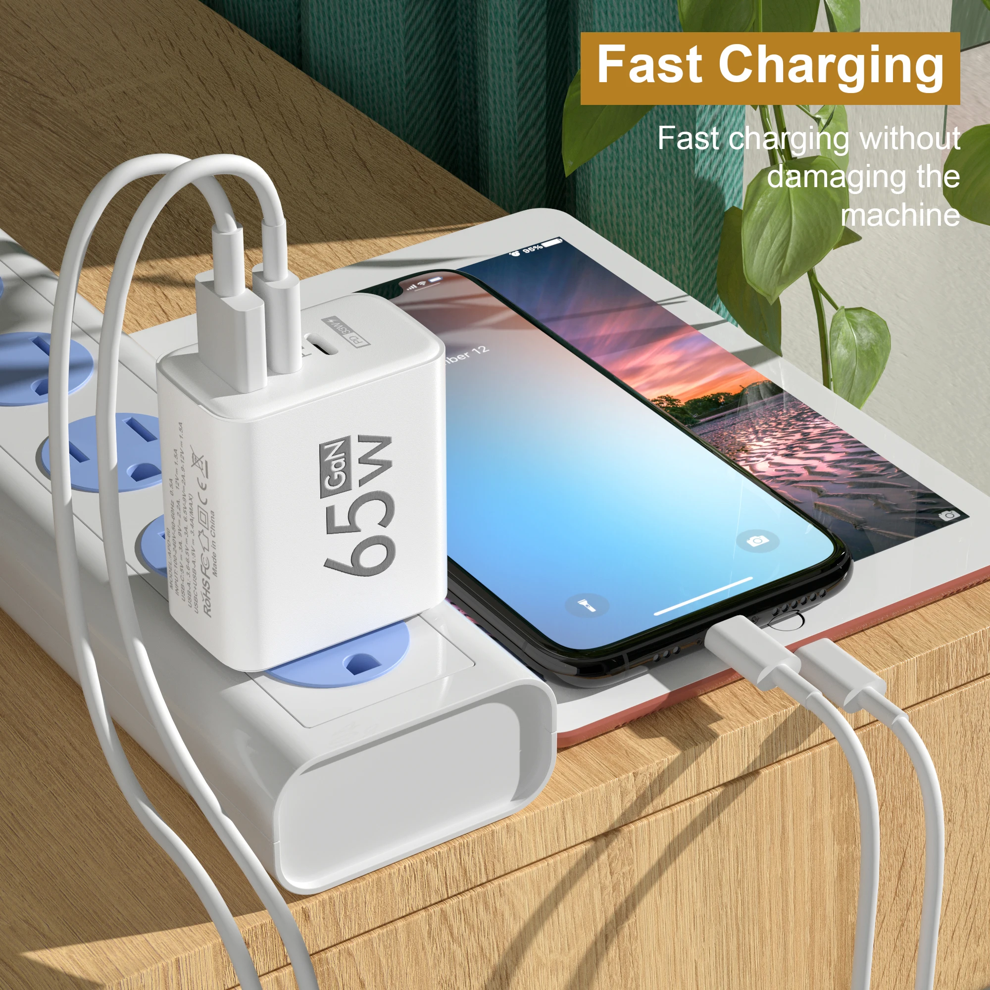 PD 65W GaN USB C Charger 3 Ports Fast Charger Quick Charge 3.0 Type C Phone Adapter For iPhone 15 16 Samsung Xiaomi Wall Charger - Image 2