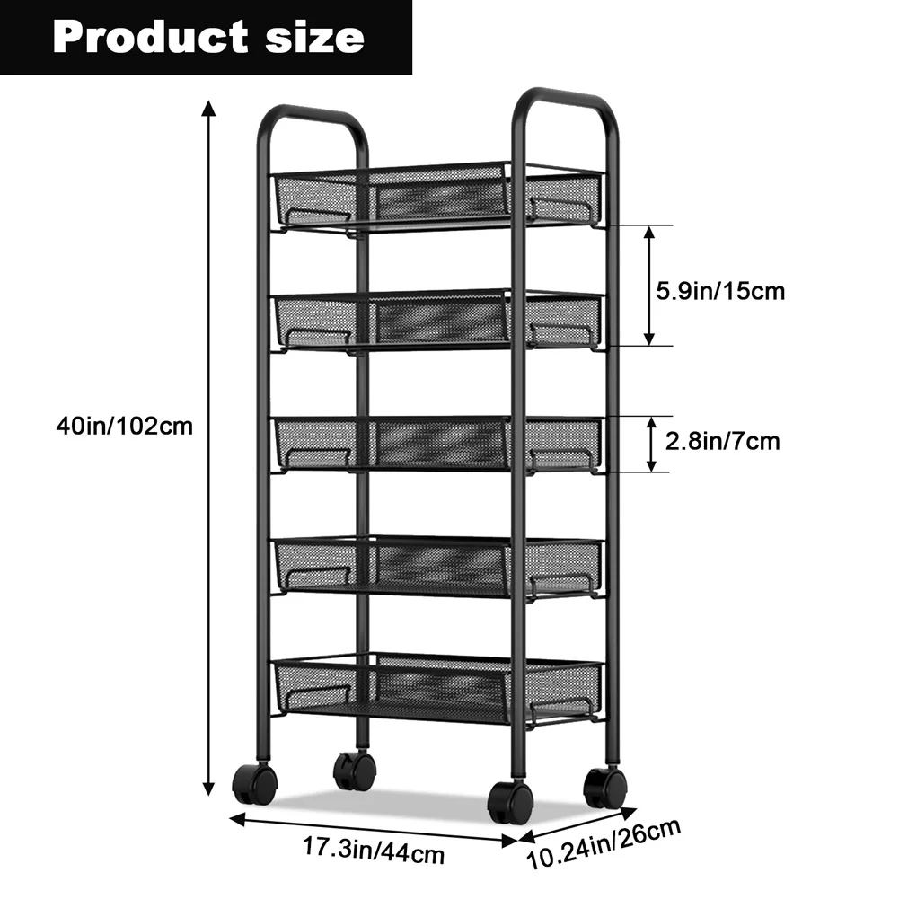 5-Tier Movable Trolley Storage Rack Metal Kitchen Rack Household Floor-Standing Multi-Layer Storage Rack Vegetable Basket - Image 9