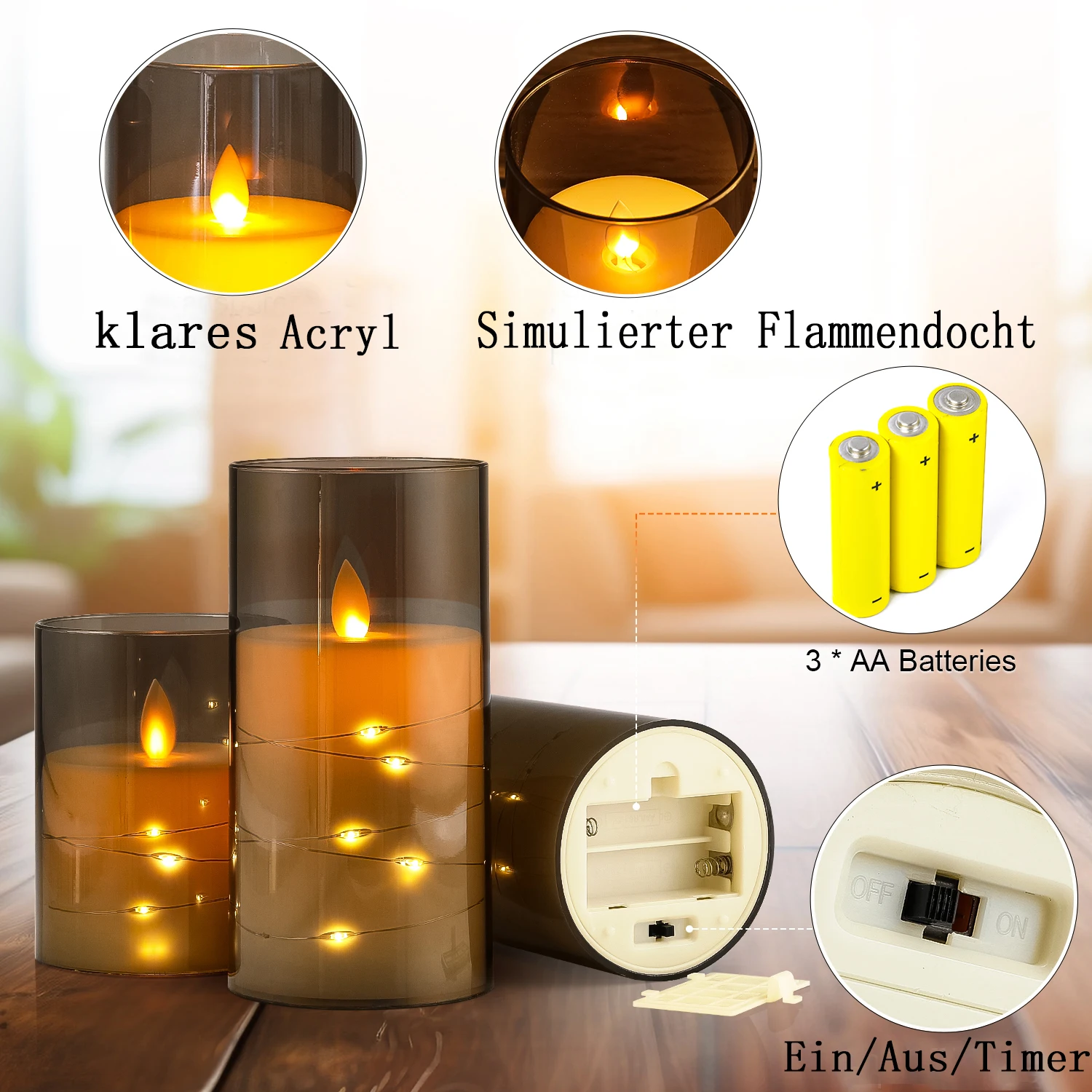 3pcs LED candles with Remote Control, Battery Operated, Grey Plastic Cup with timer for Home Decoration - Image 5