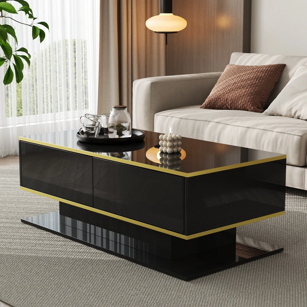 Modern LED Coffee Table with High Gloss Surface, Gold Decoration, Drawers and A Compartment with Color Changing LED Light Strip - Image 37