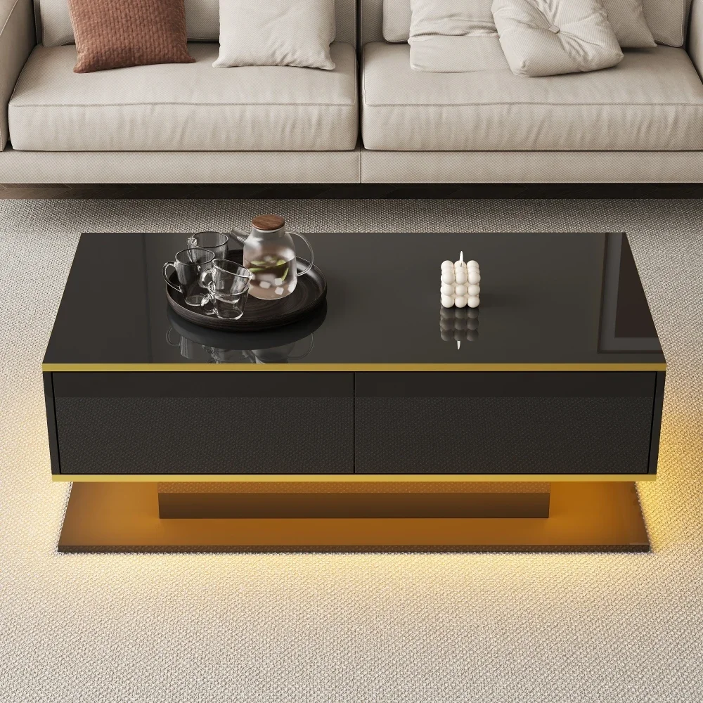 Modern LED Coffee Table with High Gloss Surface, Gold Decoration, Drawers and A Compartment with Color Changing LED Light Strip - Image 7