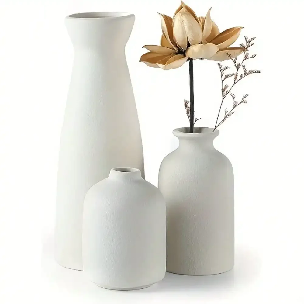 3PCS Bohemian Ceramic Vase Set, Matte Neutral Cylinder Vases for Home Decor, Mother's Day Gift & Living Room Elegant Decor