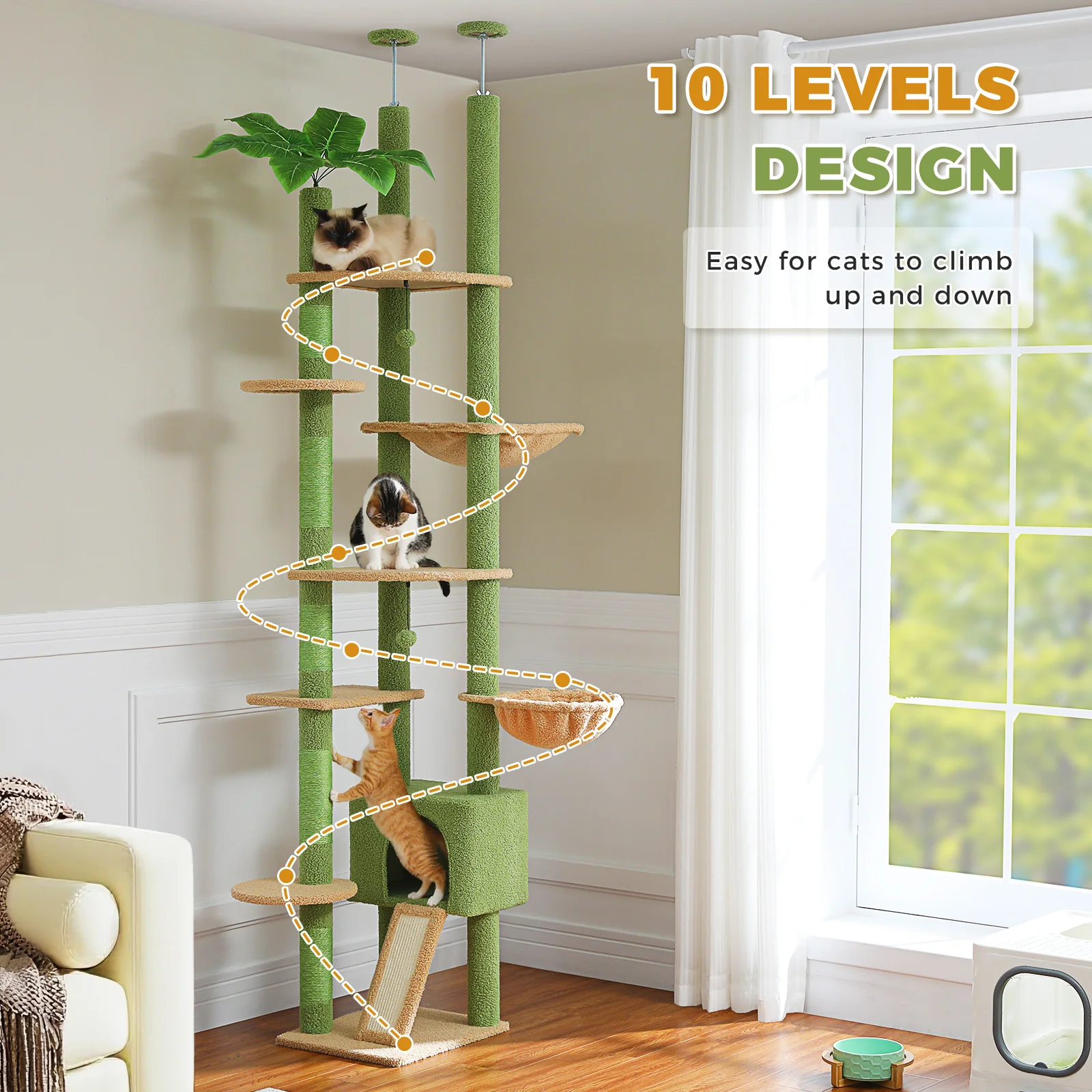 Cactus Cat Tree Floor to Ceiling Cat Tower with Sisal Scratching Post,Comfortable Hammock for Multi-Cat Homes,Cat Accessories - Image 38