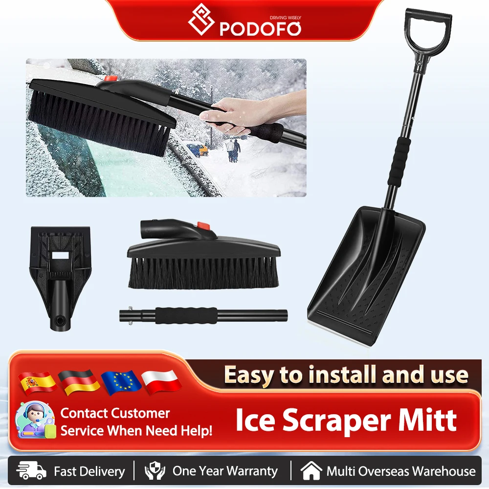 Podofo Portable Snow Shovel Scoop Shovel With Ergonomic 3-in-1 Snow Brush Lightweight Snow Remover Set Snow Shovel for Garden