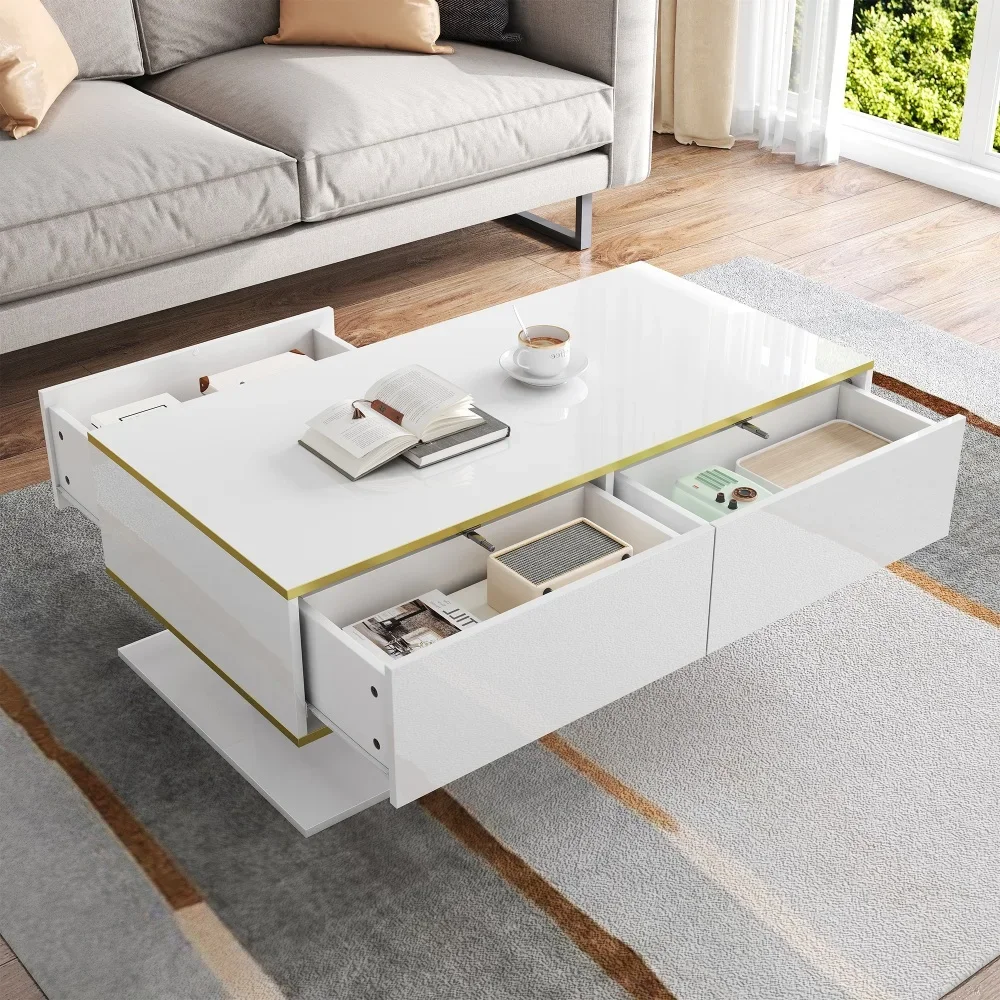 Modern LED Coffee Table with High Gloss Surface, Gold Decoration, Drawers and A Compartment with Color Changing LED Light Strip - Image 14
