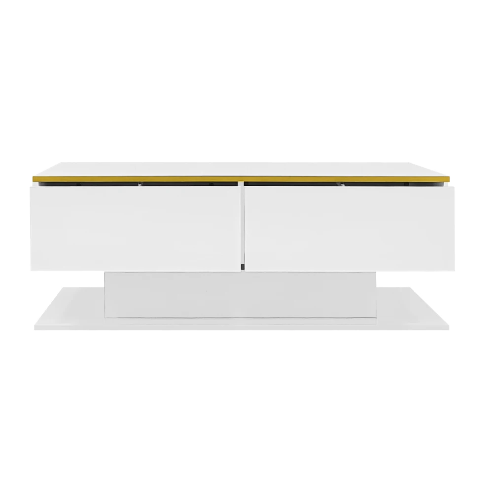 Modern LED Coffee Table with High Gloss Surface, Gold Decoration, Drawers and A Compartment with Color Changing LED Light Strip - Image 31