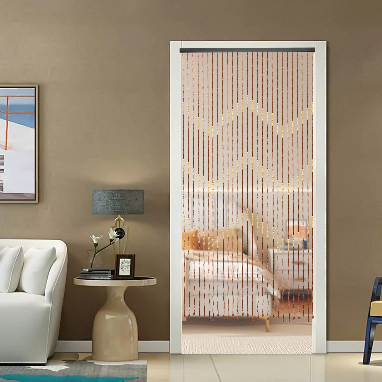Wooden Bead Curtain 35.4*68.9IN Size 27 Lines Retro Design No-Punch Installation for Living Room Bedroom Door Window Decoration - Image 4