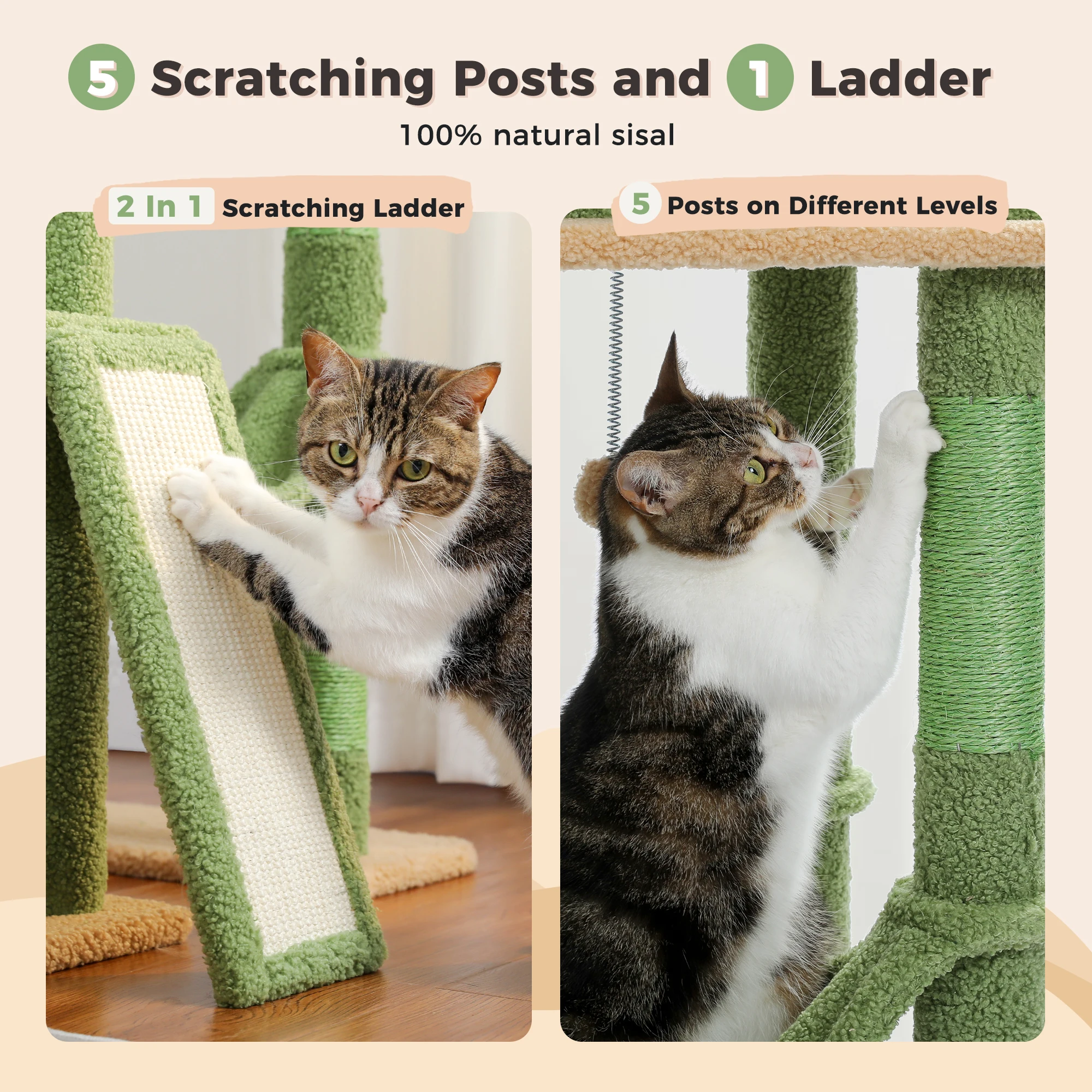 Cactus Cat Tree Floor to Ceiling Cat Tower with Sisal Scratching Post,Comfortable Hammock for Multi-Cat Homes,Cat Accessories - Image 21