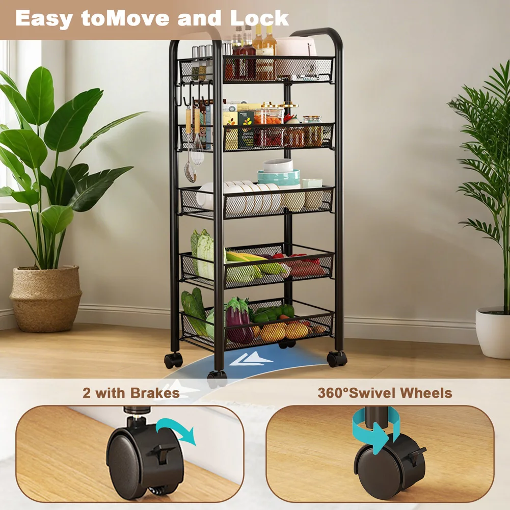 5-Tier Movable Trolley Storage Rack Metal Kitchen Rack Household Floor-Standing Multi-Layer Storage Rack Vegetable Basket - Image 15