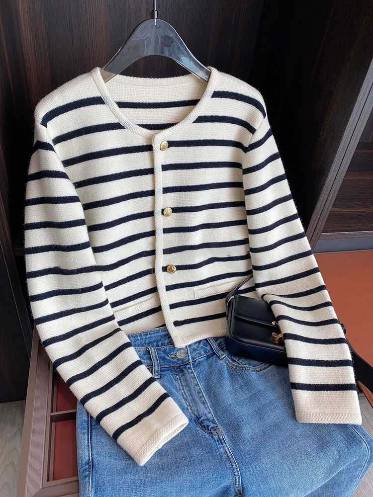 Women Stripe Knitted Cardigans Spring Autumn O-neck Single Breasted Long Sleeve Crop Tops Fashion Casual Chic Female Sweaters - Image 7