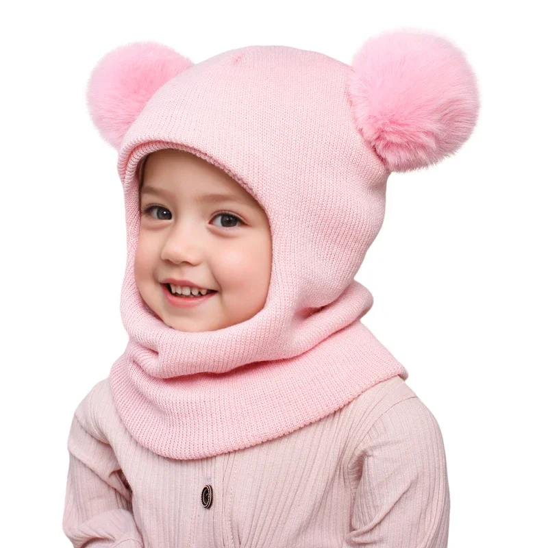 One-Piece Baby Hat Scarf for Boys Cute Pompom Kids Knitted Beanie Winter Infant Girls Cap Ears Neck Warm Protection Bonnet 1-5Y - Image 3