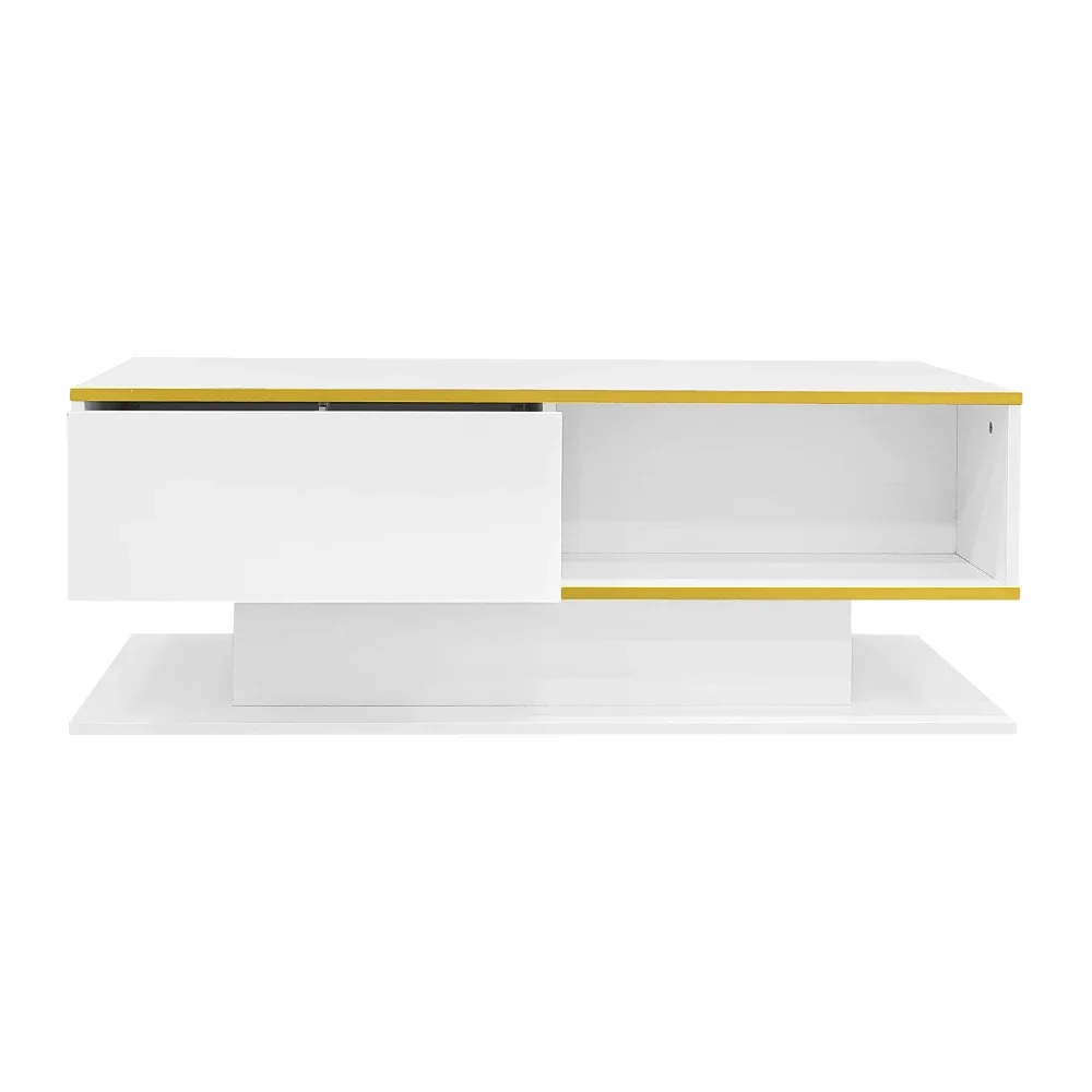 Modern LED Coffee Table with High Gloss Surface, Gold Decoration, Drawers and A Compartment with Color Changing LED Light Strip - Image 27