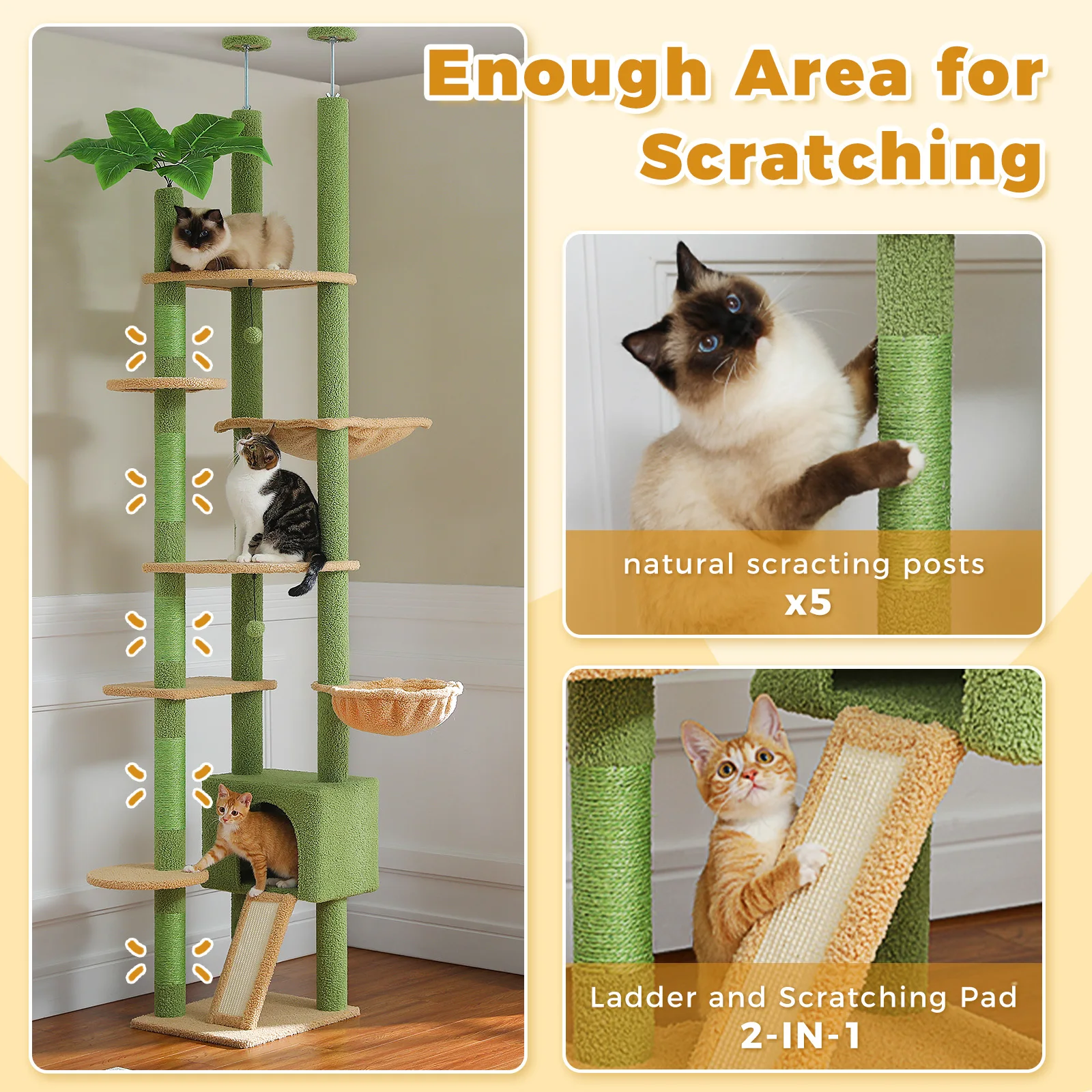 Cactus Cat Tree Floor to Ceiling Cat Tower with Sisal Scratching Post,Comfortable Hammock for Multi-Cat Homes,Cat Accessories - Image 43